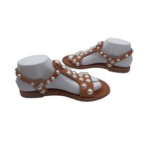 Faux Pearl Adjustable Strap Brown Adjustable Ankle Strap Sandals Size 38 Women's